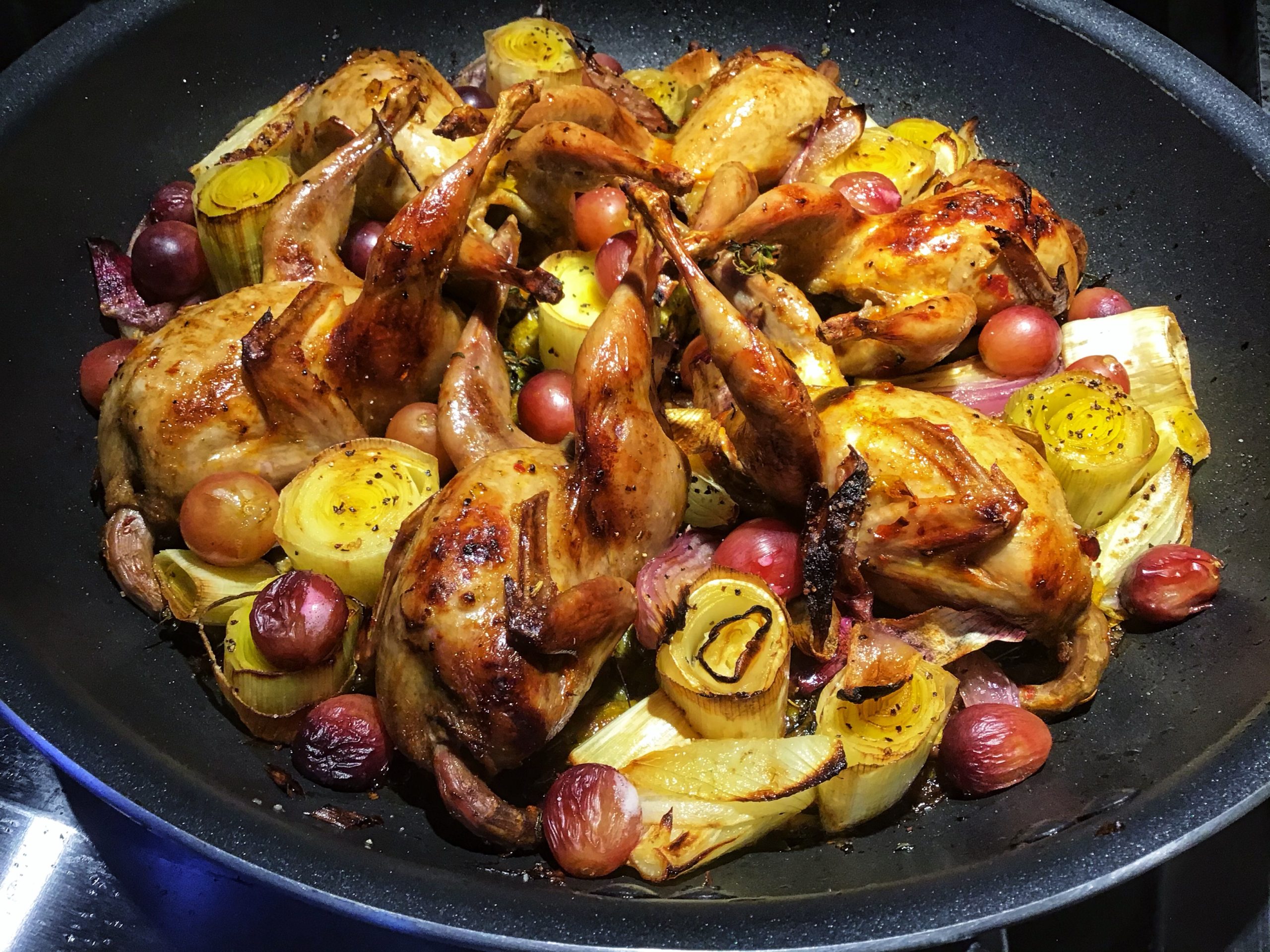 Pan Roasted Quails and Leeks with Grapes.